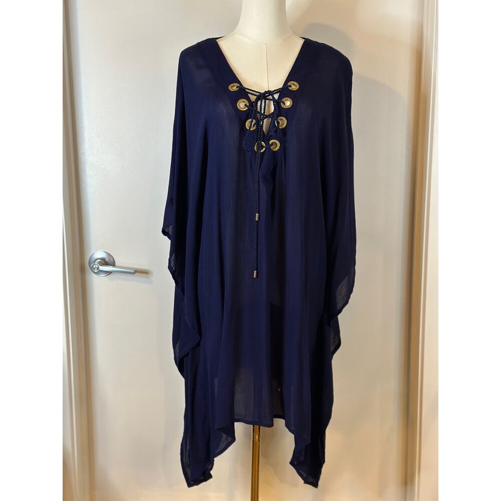 La Blanca Women’s Medium Navy Blue Capri Lace-up Swimwear Caftan Dress Cover-Up - Picture 1 of 6